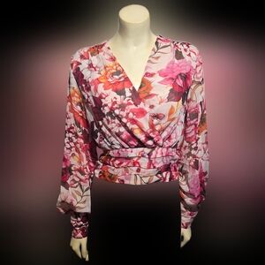 Express Floral Wrap Blouse - Pink and Orange